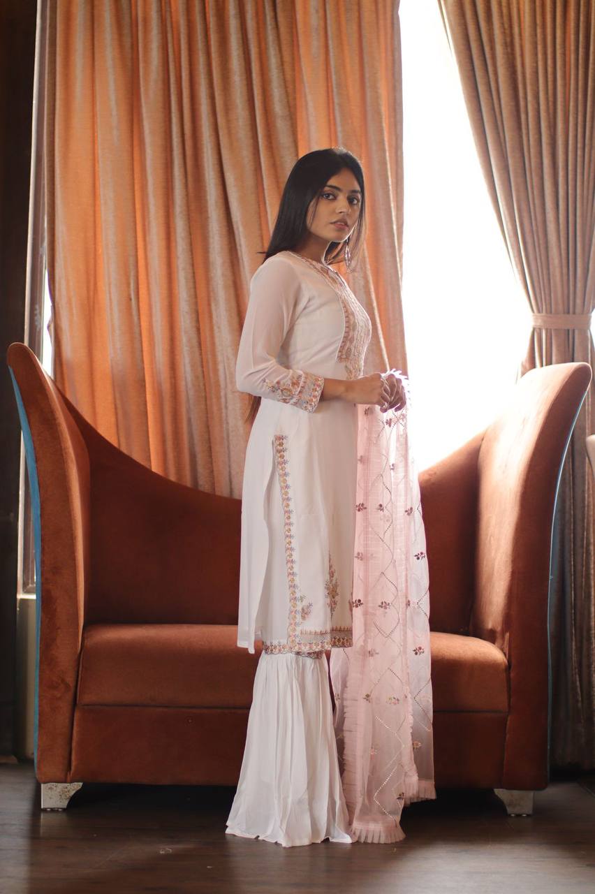 Women's White Faux Georgette Stitched Top with Stitched Faux Georgette Bottom and Net Dupatta Full Sleeve Embroidered Straight Kurta