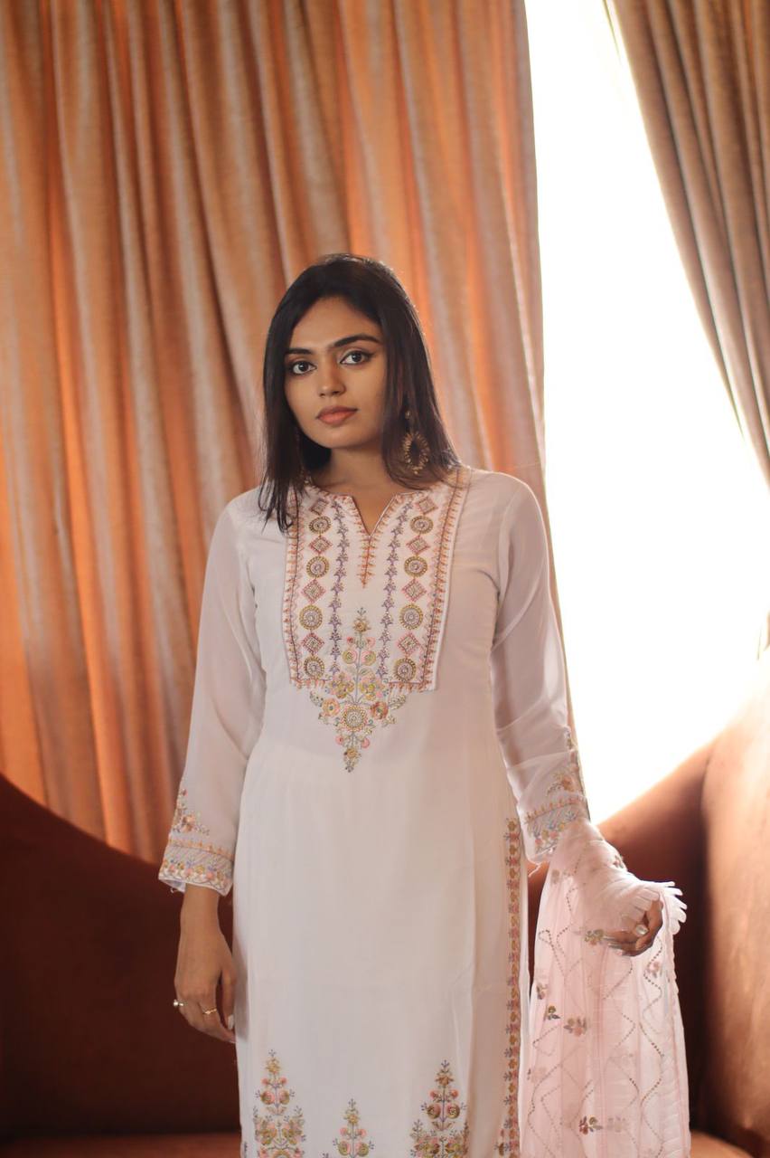 Women's White Faux Georgette Stitched Top with Stitched Faux Georgette Bottom and Net Dupatta Full Sleeve Embroidered Straight Kurta