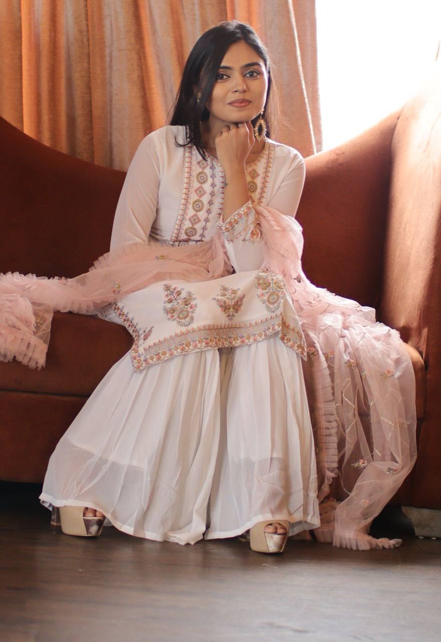 Women's White Faux Georgette Stitched Top with Stitched Faux Georgette Bottom and Net Dupatta Full Sleeve Embroidered Straight Kurta