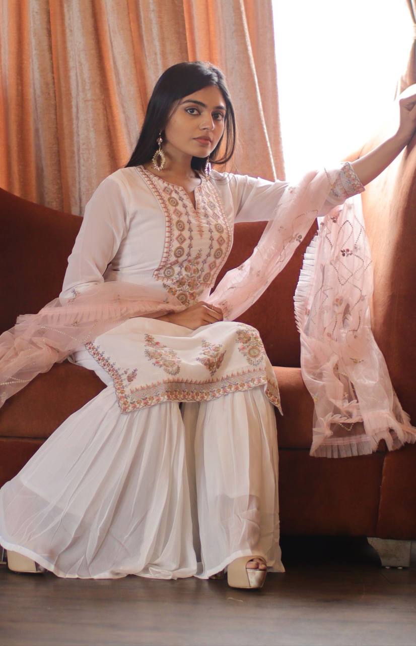 Women's White Faux Georgette Stitched Top with Stitched Faux Georgette Bottom and Net Dupatta Full Sleeve Embroidered Straight Kurta