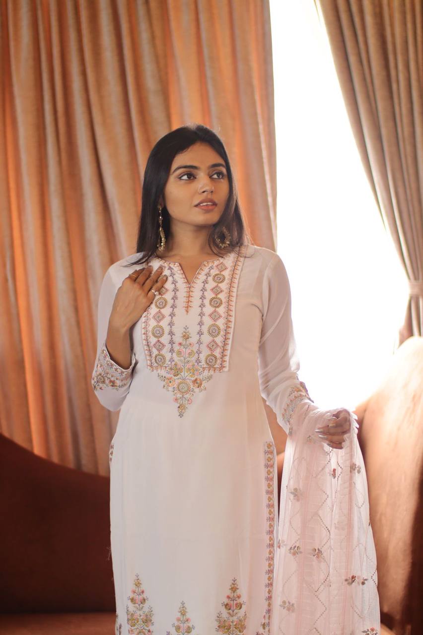 Women's White Faux Georgette Stitched Top with Stitched Faux Georgette Bottom and Net Dupatta Full Sleeve Embroidered Straight Kurta