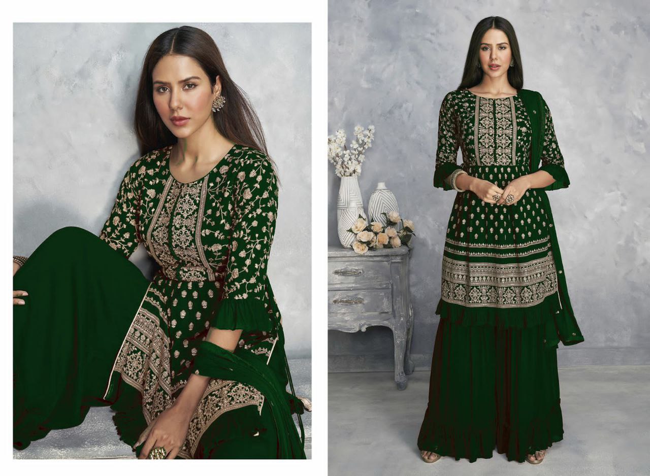 WOMEN'S MAROON COLOR FAUX GEORGETTE EMBROIDERED READYMADE KURTA SHARARA AND DUPATTA SET (FULL STITCHED )