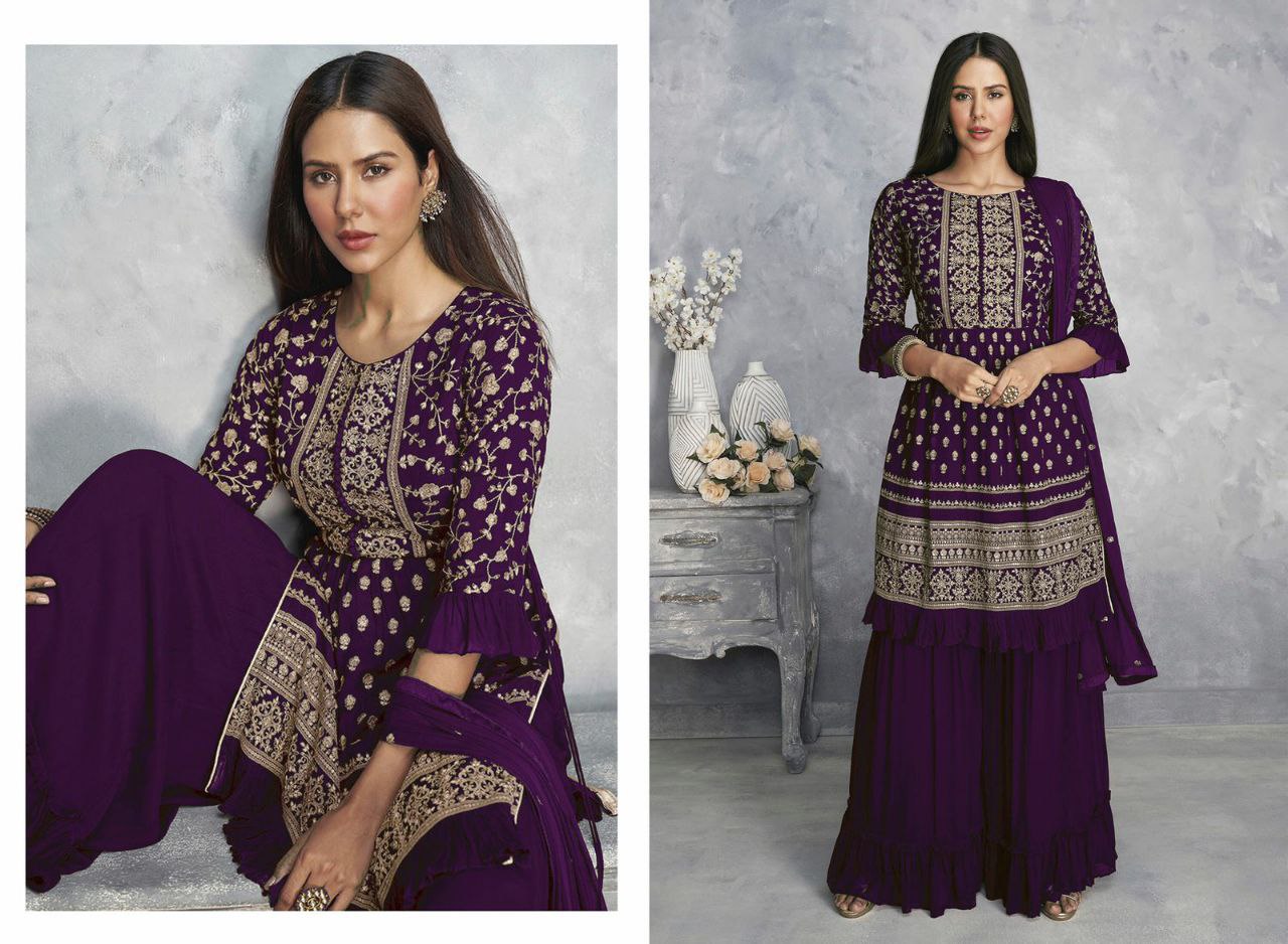 WOMEN'S MAROON COLOR FAUX GEORGETTE EMBROIDERED READYMADE KURTA SHARARA AND DUPATTA SET (FULL STITCHED )