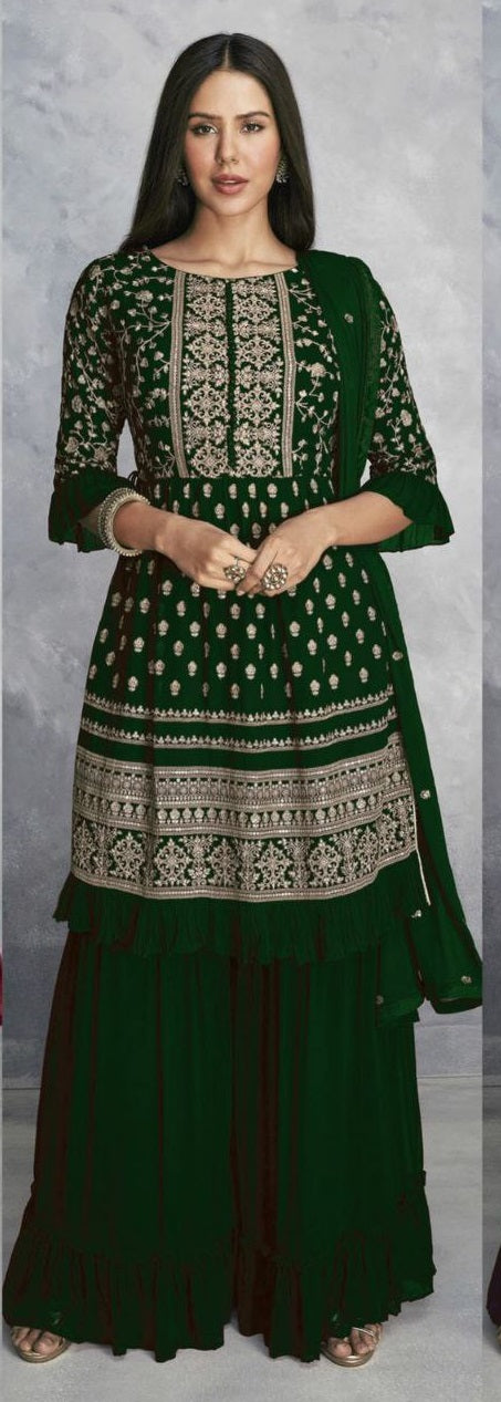WOMEN'S MAROON COLOR FAUX GEORGETTE EMBROIDERED READYMADE KURTA SHARARA AND DUPATTA SET (FULL STITCHED )
