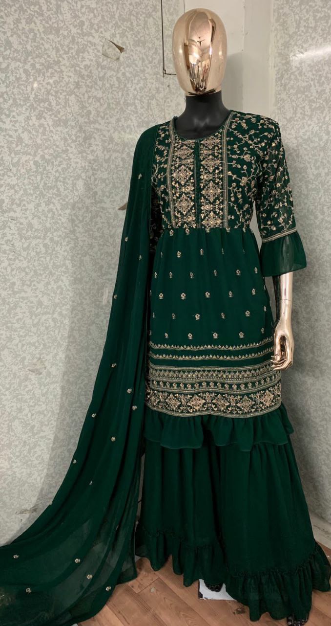WOMEN'S MAROON COLOR FAUX GEORGETTE EMBROIDERED READYMADE KURTA SHARARA AND DUPATTA SET (FULL STITCHED )