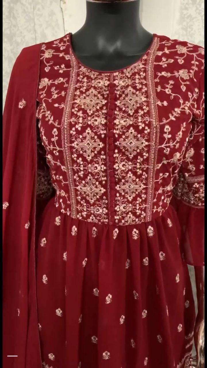 WOMEN'S MAROON COLOR FAUX GEORGETTE EMBROIDERED READYMADE KURTA SHARARA AND DUPATTA SET (FULL STITCHED )