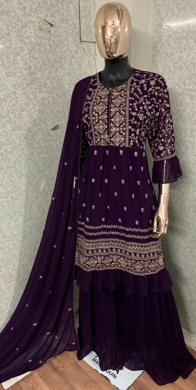 WOMEN'S MAROON COLOR FAUX GEORGETTE EMBROIDERED READYMADE KURTA SHARARA AND DUPATTA SET (FULL STITCHED )