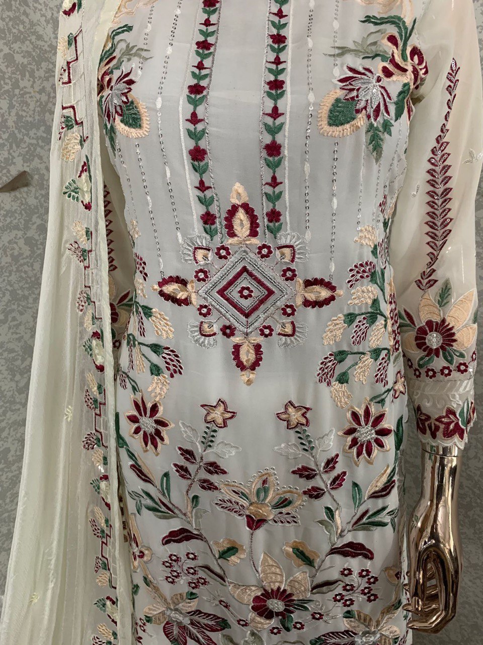 Women's Off White Faux Georgette Semi Stitched Top With Unstitched Santoon Bottom and Net Dupatta Embroidered Straight Top Dress Material