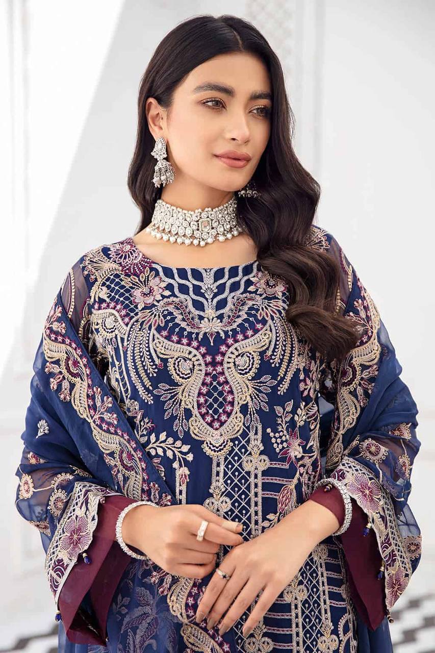 NAVY BLUE PAKISTANI WEDDING COLLECTION FAUX GEORGETTE FABRIC WITH EMBROIDERY WORK SEMI STITCHED SALWAR KAMEEZ SUIT