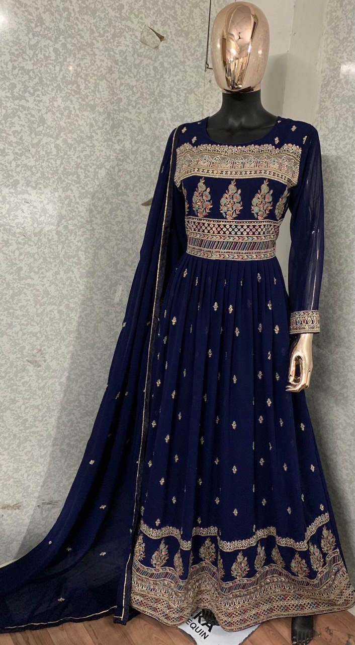 Women's Dark Blue Faux Georgette Stitched Top with Bottom and Faux Georgette Dupatta Full Sleeve Embroidered Anarkali Gown