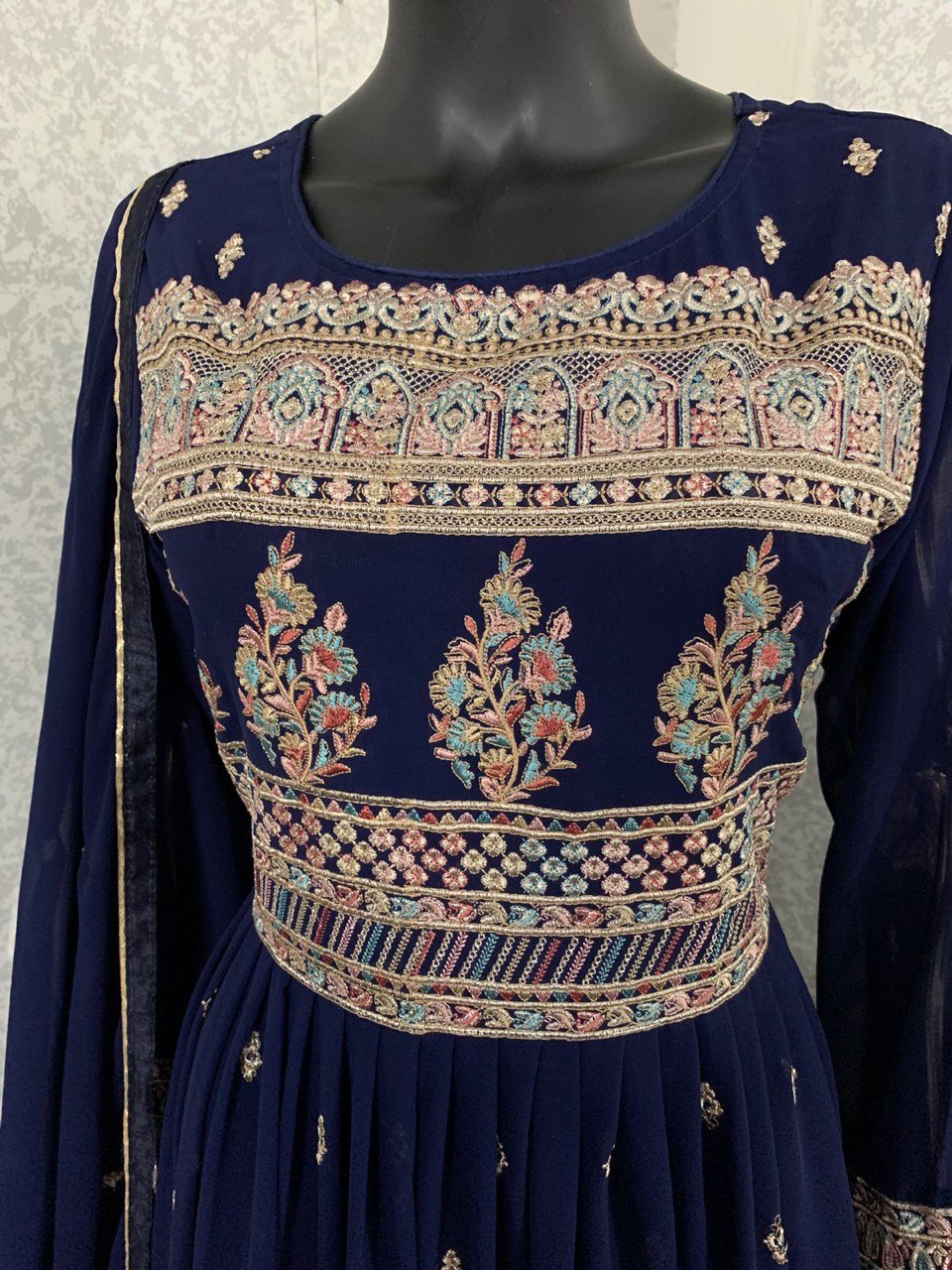 Women's Dark Blue Faux Georgette Stitched Top with Bottom and Faux Georgette Dupatta Full Sleeve Embroidered Anarkali Gown