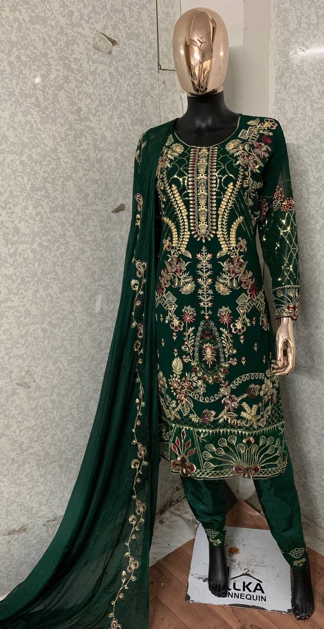 Beautiful Partywear Green Kurta Set with Duppatta, Pakistani Designer Georgette piece Salwar Kameez for Weddings Readymade Dresses