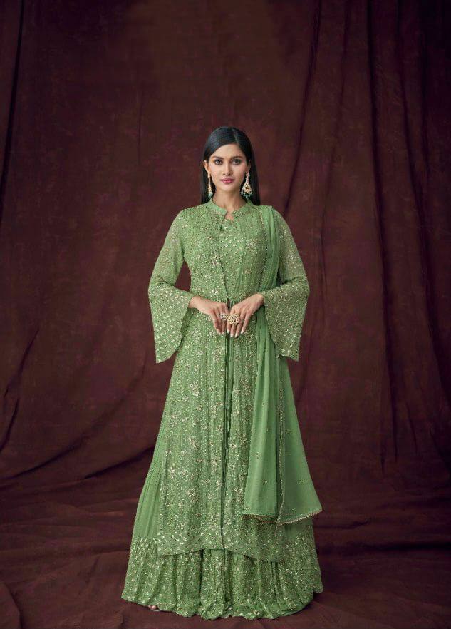Women's Faux Georgette Attractive Stylish Lehenga set with Stylish Jacket and Dupatta Embroidered Lehenga Choli Set with Dupatta and Jacket