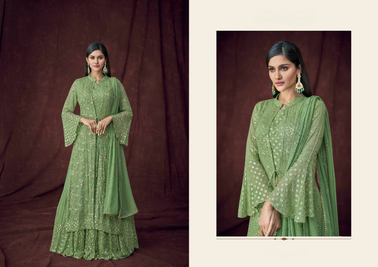 Women's Faux Georgette Attractive Stylish Lehenga set with Stylish Jacket and Dupatta Embroidered Lehenga Choli Set with Dupatta and Jacket