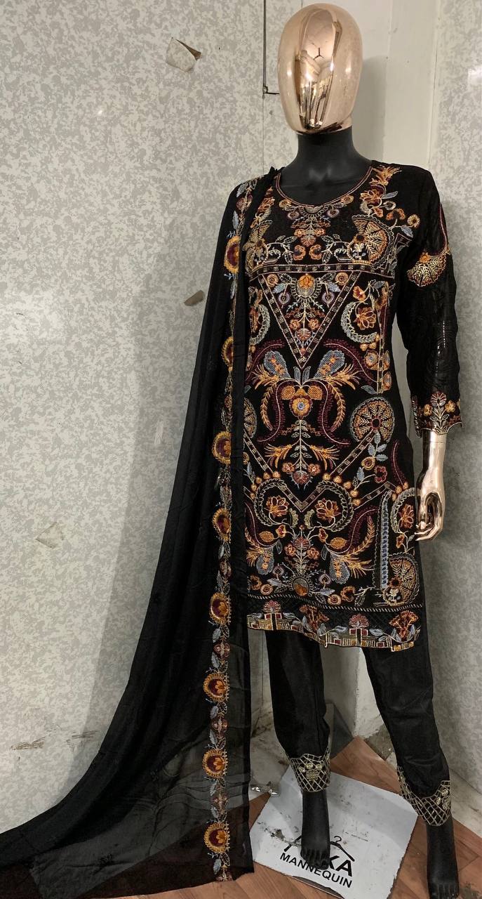 Black Pakistani Salwar Kameez Ready Made Designer Satin Silk Georgette Embroidered Shalwar Kameez With Dupatta