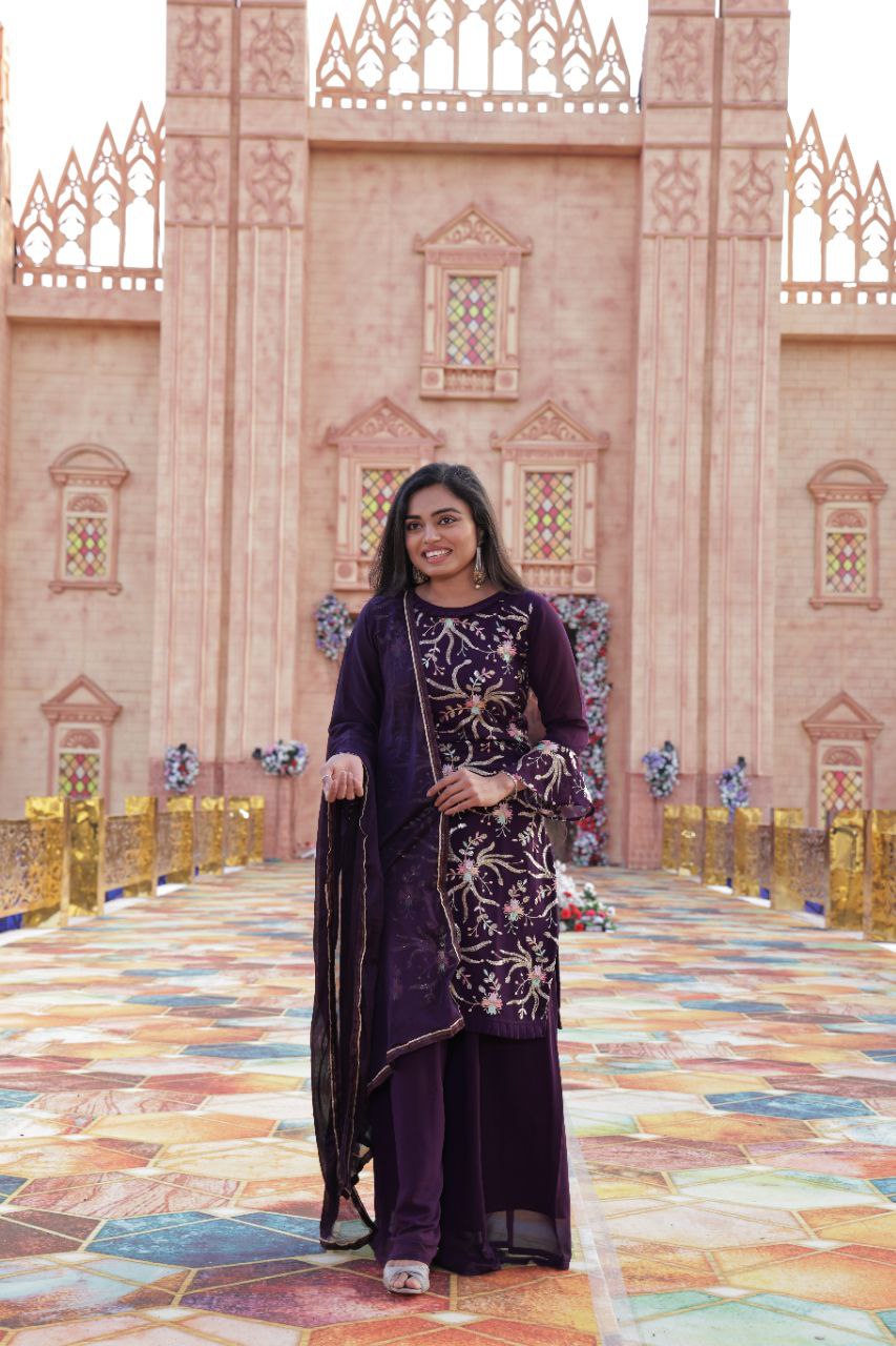 Women's Purple Color Full Stitched Faux Georgette Top and Palazzo with Santoon Inner and Nazmin Dupatta Embroidered Kurta Palazzo Set