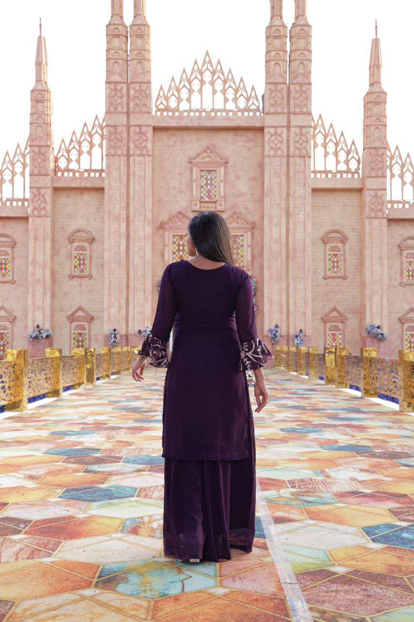 Women's Purple Color Full Stitched Faux Georgette Top and Palazzo with Santoon Inner and Nazmin Dupatta Embroidered Kurta Palazzo Set