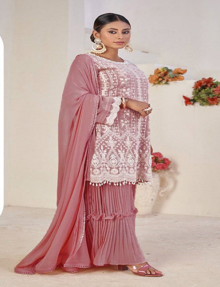 Light Colors Faux Georgette Stitched Top with Stitched Faux Georgette Bottom and Nazmin Dupatta Full Sleeve Embroidered Straight Kurta (Kurta Palazzo Set