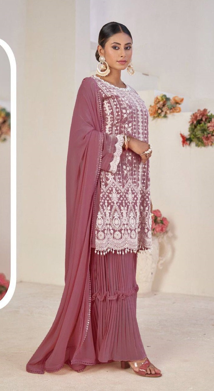 Light Colors Faux Georgette Stitched Top with Stitched Faux Georgette Bottom and Nazmin Dupatta Full Sleeve Embroidered Straight Kurta (Kurta Palazzo Set