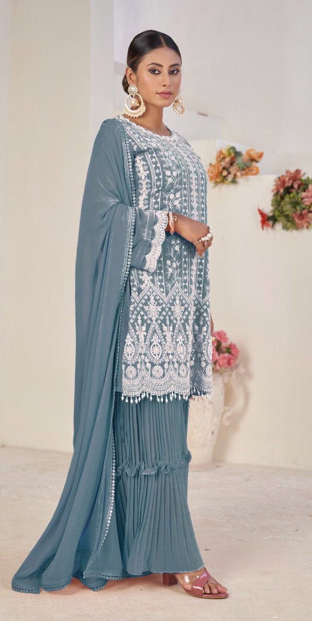 Light Colors Faux Georgette Stitched Top with Stitched Faux Georgette Bottom and Nazmin Dupatta Full Sleeve Embroidered Straight Kurta (Kurta Palazzo Set