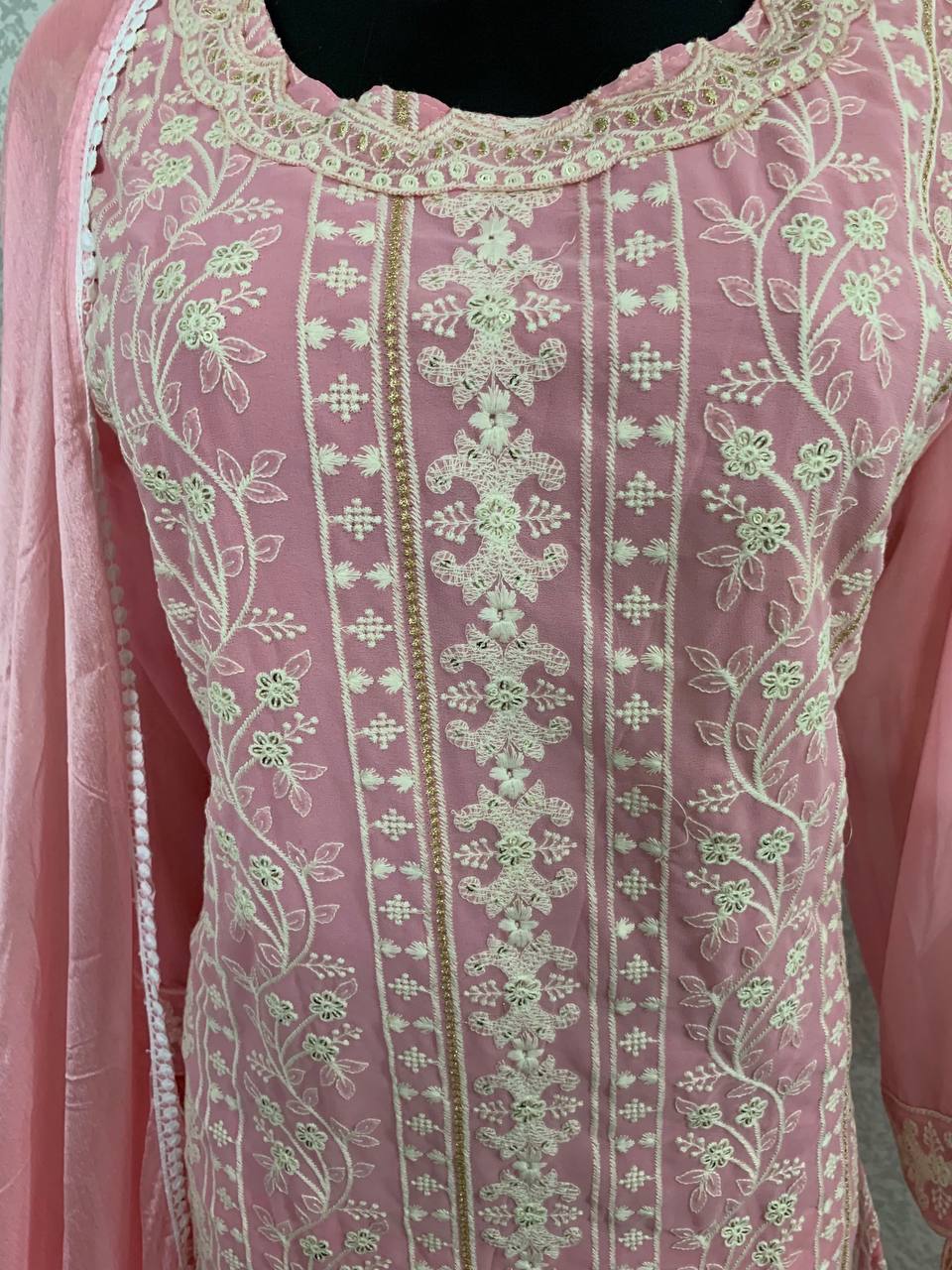 Light Colors Faux Georgette Stitched Top with Stitched Faux Georgette Bottom and Nazmin Dupatta Full Sleeve Embroidered Straight Kurta (Kurta Palazzo Set