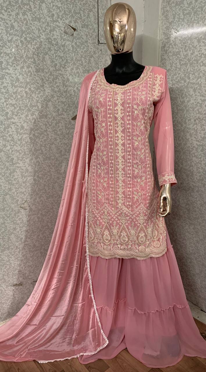 Light Colors Faux Georgette Stitched Top with Stitched Faux Georgette Bottom and Nazmin Dupatta Full Sleeve Embroidered Straight Kurta (Kurta Palazzo Set