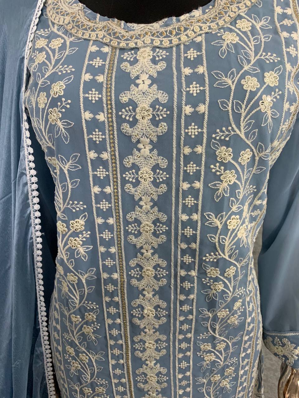 Light Colors Faux Georgette Stitched Top with Stitched Faux Georgette Bottom and Nazmin Dupatta Full Sleeve Embroidered Straight Kurta (Kurta Palazzo Set