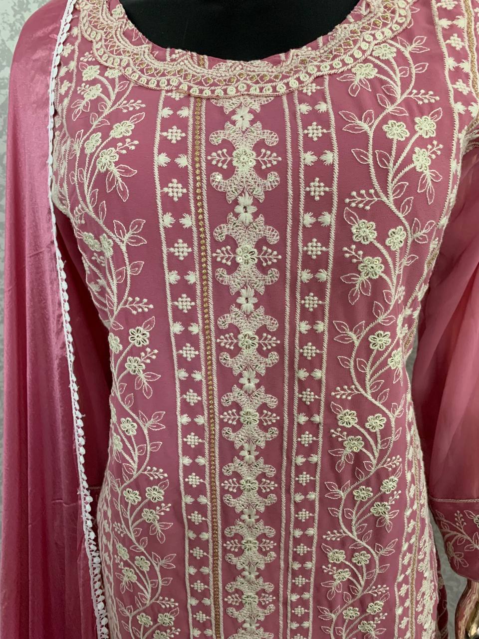 Light Colors Faux Georgette Stitched Top with Stitched Faux Georgette Bottom and Nazmin Dupatta Full Sleeve Embroidered Straight Kurta (Kurta Palazzo Set