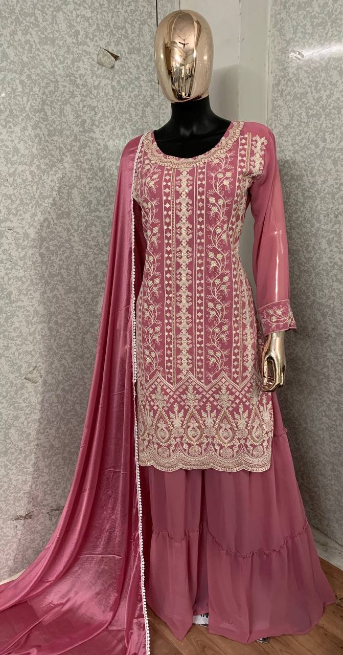 Light Colors Faux Georgette Stitched Top with Stitched Faux Georgette Bottom and Nazmin Dupatta Full Sleeve Embroidered Straight Kurta (Kurta Palazzo Set