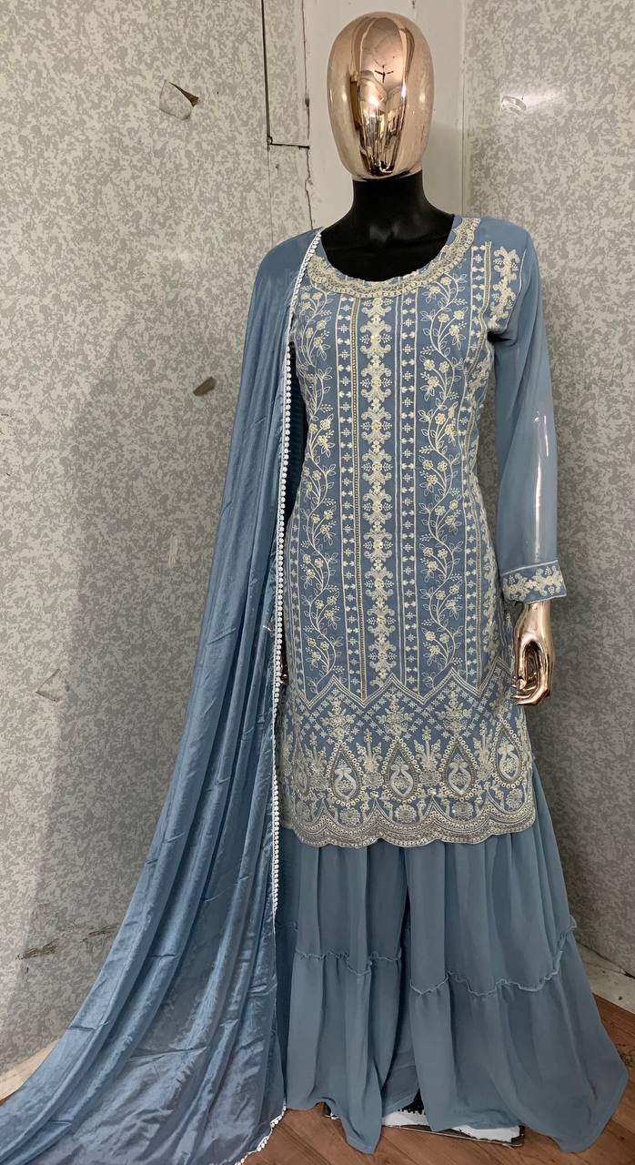 Light Colors Faux Georgette Stitched Top with Stitched Faux Georgette Bottom and Nazmin Dupatta Full Sleeve Embroidered Straight Kurta (Kurta Palazzo Set