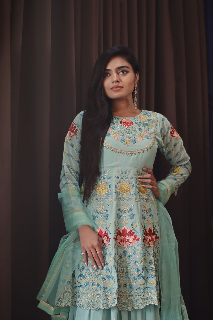 Sea Blue Faux Georgette Stitched Top With Stitched Faux Georgette Bottom and Net Dupatta Full Sleeve Embroidered A-line Top