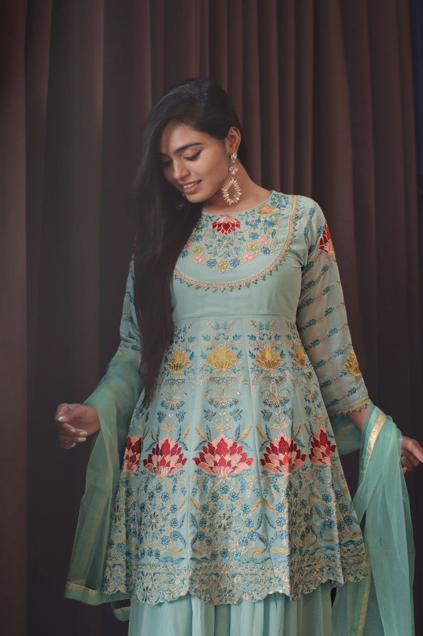 Sea Blue Faux Georgette Stitched Top With Stitched Faux Georgette Bottom and Net Dupatta Full Sleeve Embroidered A-line Top