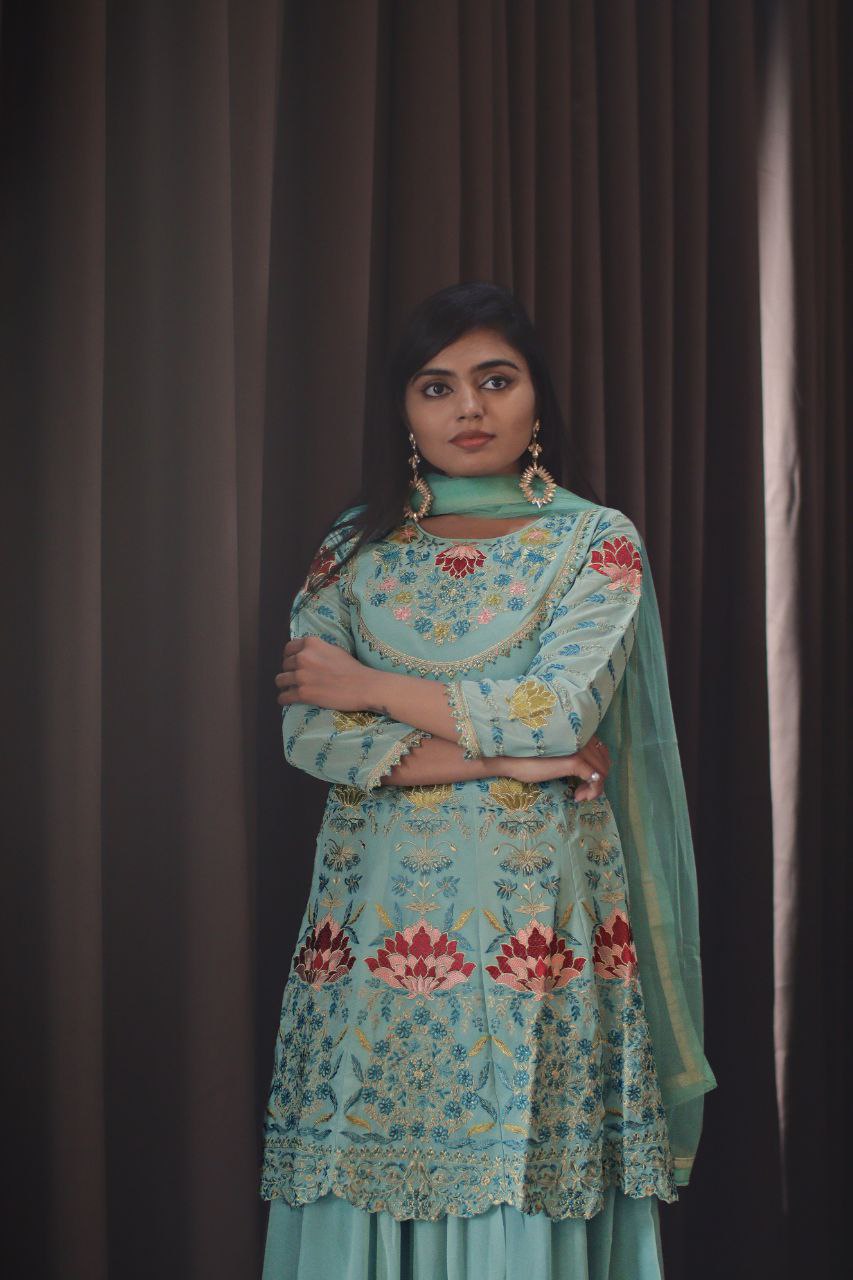 Sea Blue Faux Georgette Stitched Top With Stitched Faux Georgette Bottom and Net Dupatta Full Sleeve Embroidered A-line Top