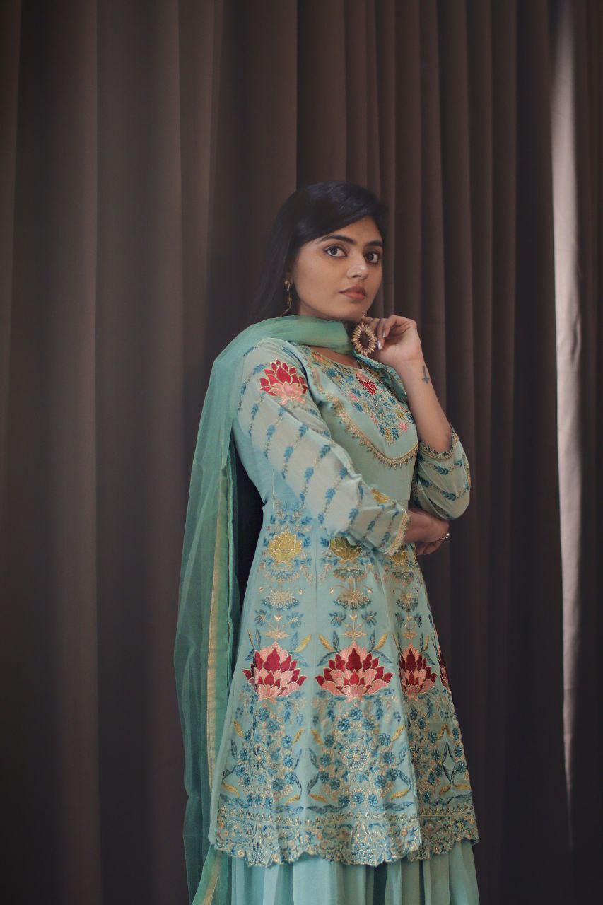 Sea Blue Faux Georgette Stitched Top With Stitched Faux Georgette Bottom and Net Dupatta Full Sleeve Embroidered A-line Top