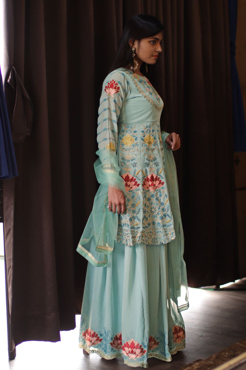 Sea Blue Faux Georgette Stitched Top With Stitched Faux Georgette Bottom and Net Dupatta Full Sleeve Embroidered A-line Top