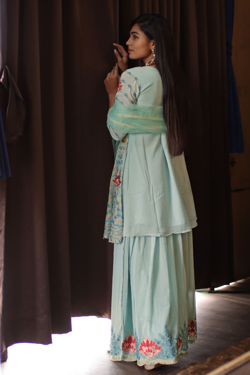 Sea Blue Faux Georgette Stitched Top With Stitched Faux Georgette Bottom and Net Dupatta Full Sleeve Embroidered A-line Top