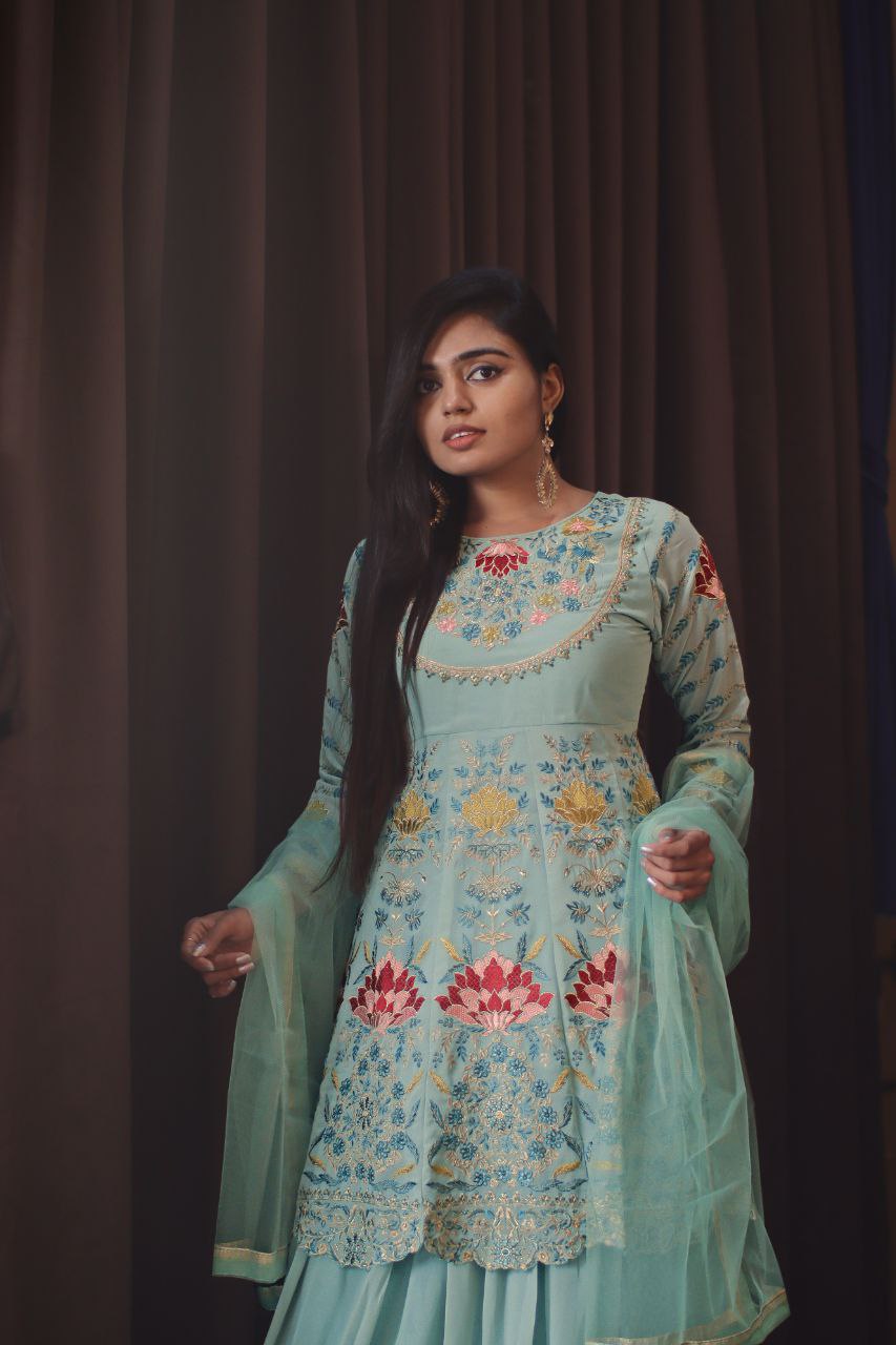 Sea Blue Faux Georgette Stitched Top With Stitched Faux Georgette Bottom and Net Dupatta Full Sleeve Embroidered A-line Top