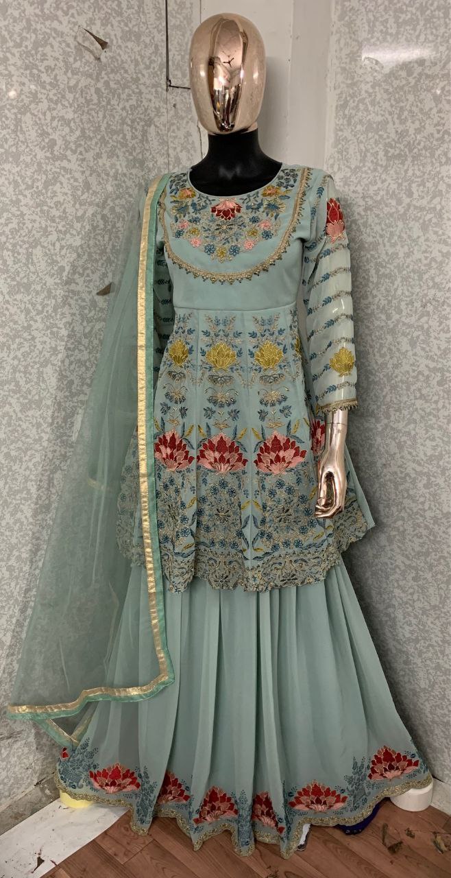 Sea Blue Faux Georgette Stitched Top With Stitched Faux Georgette Bottom and Net Dupatta Full Sleeve Embroidered A-line Top