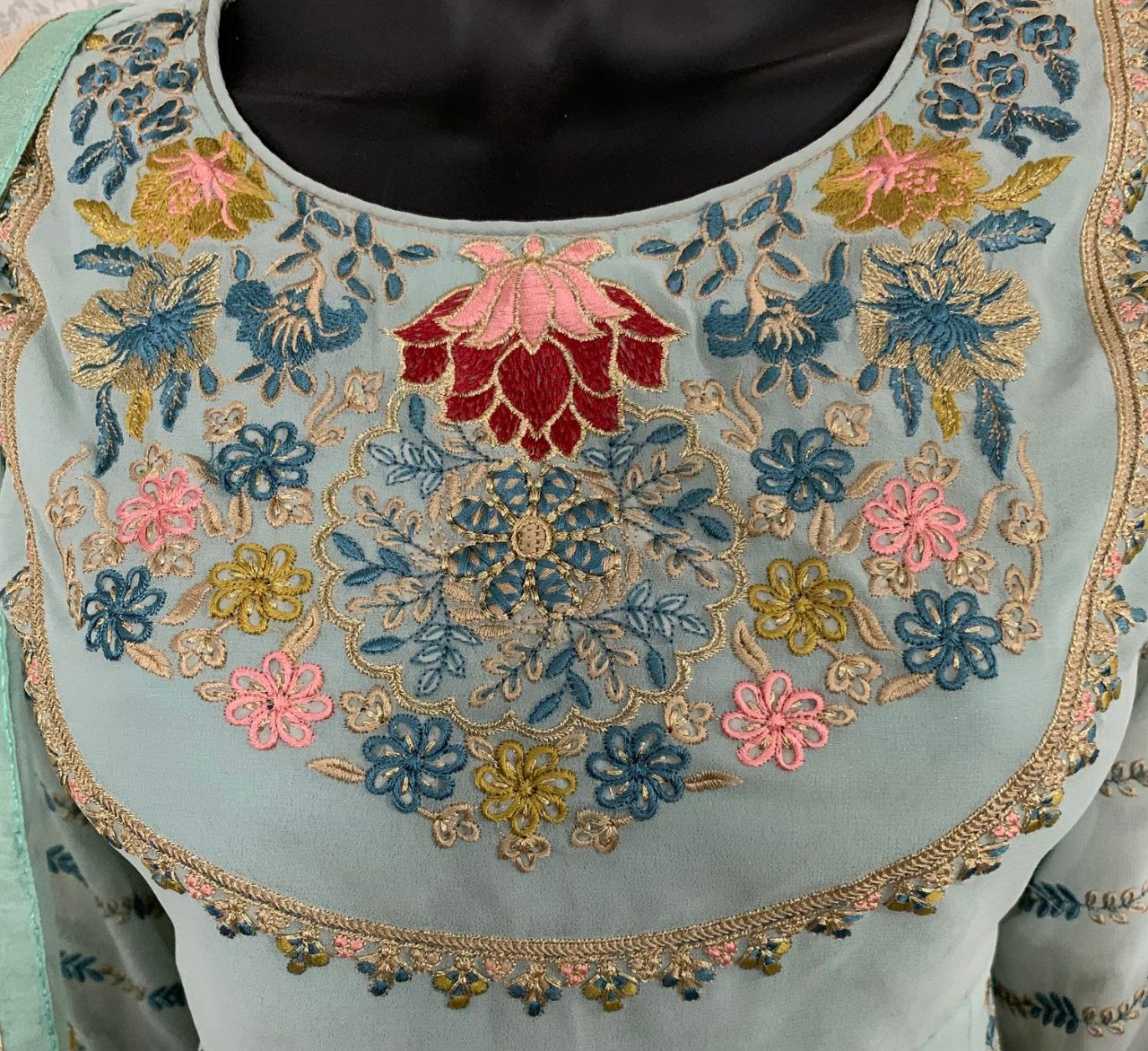 Sea Blue Faux Georgette Stitched Top With Stitched Faux Georgette Bottom and Net Dupatta Full Sleeve Embroidered A-line Top