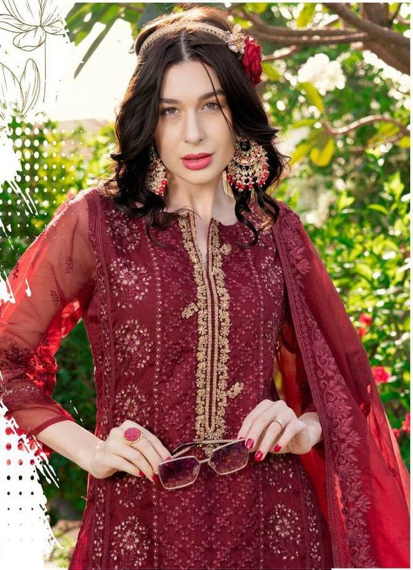 Women's Organza Semi Stitched Top With Unstitched Santoon Bottom and Organza Dupatta Embroidered Straight Top Dress Material