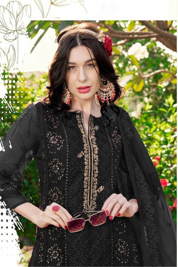 Women's Organza Semi Stitched Top With Unstitched Santoon Bottom and Organza Dupatta Embroidered Straight Top Dress Material