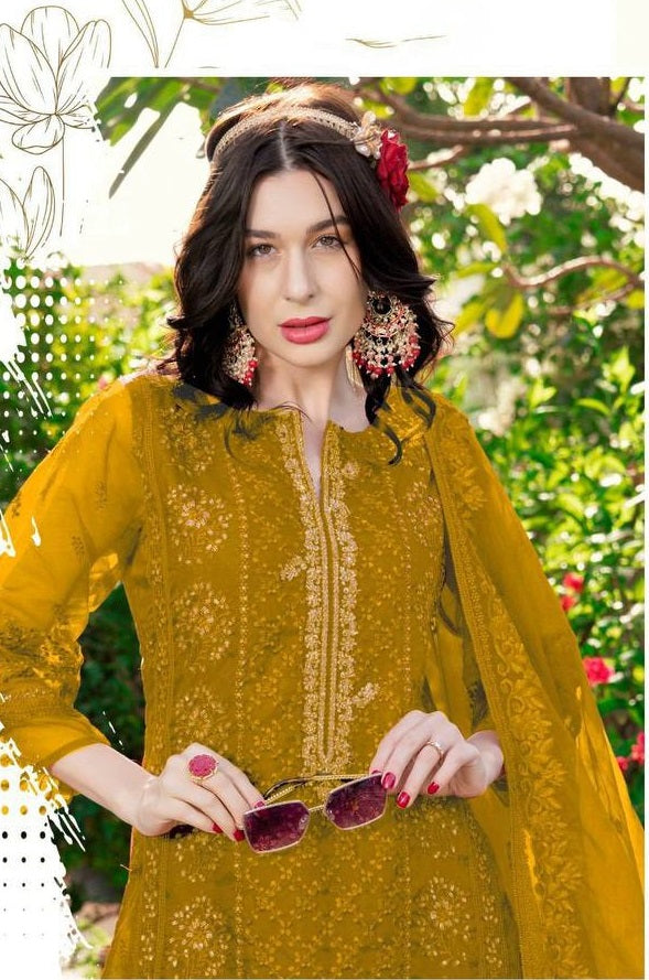 Women's Organza Semi Stitched Top With Unstitched Santoon Bottom and Organza Dupatta Embroidered Straight Top Dress Material
