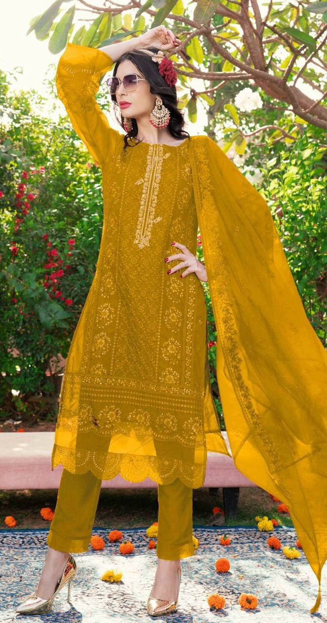 Women's Organza Semi Stitched Top With Unstitched Santoon Bottom and Organza Dupatta Embroidered Straight Top Dress Material