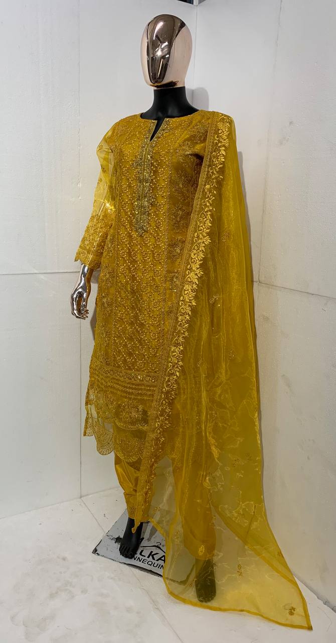 Women's Organza Semi Stitched Top With Unstitched Santoon Bottom and Organza Dupatta Embroidered Straight Top Dress Material