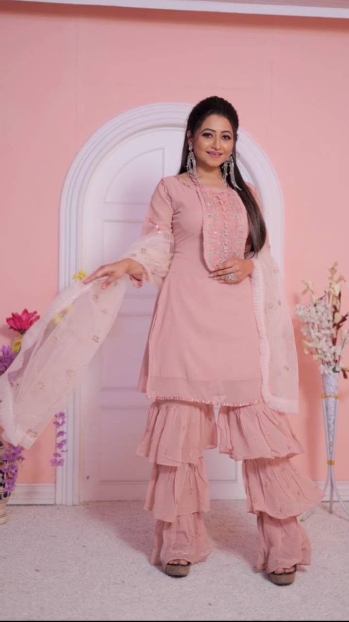 Women's Peach Faux Georgette Stitched Top with Bottom and Dupatta Full Sleeve Embroidered Straight Kurta