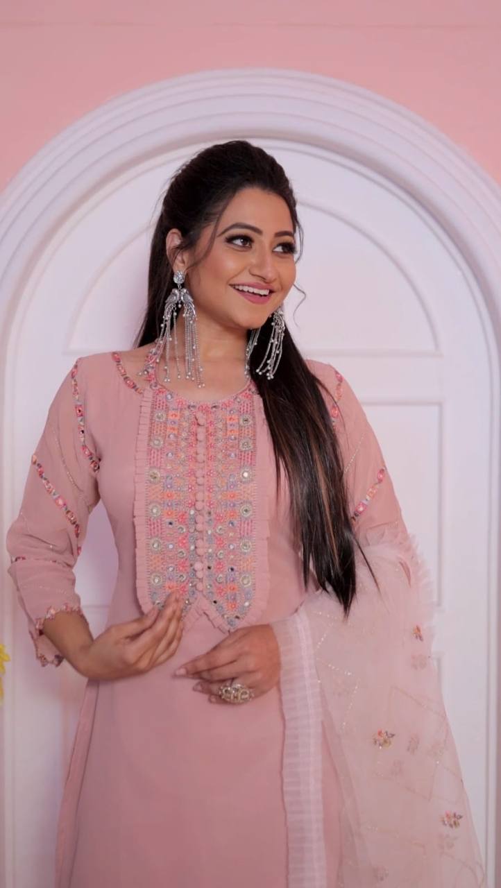 Women's Peach Faux Georgette Stitched Top with Bottom and Dupatta Full Sleeve Embroidered Straight Kurta