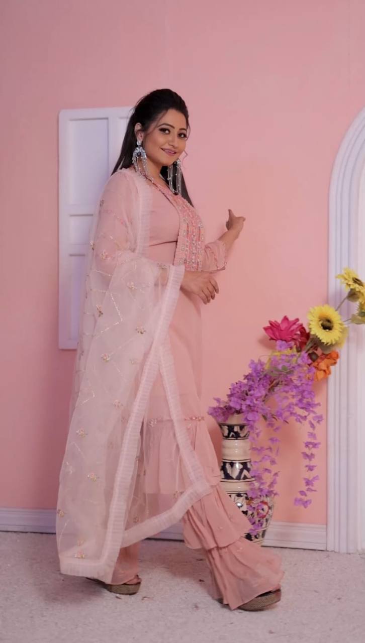 Women's Peach Faux Georgette Stitched Top with Bottom and Dupatta Full Sleeve Embroidered Straight Kurta