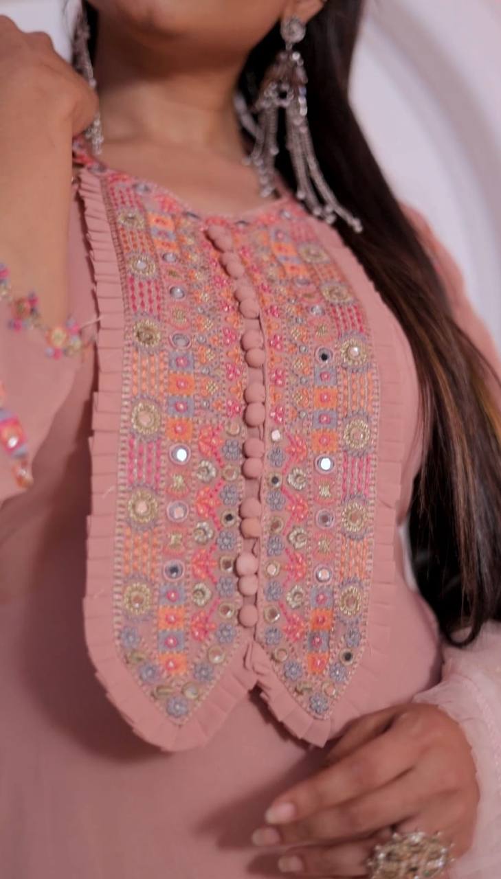 Women's Peach Faux Georgette Stitched Top with Bottom and Dupatta Full Sleeve Embroidered Straight Kurta