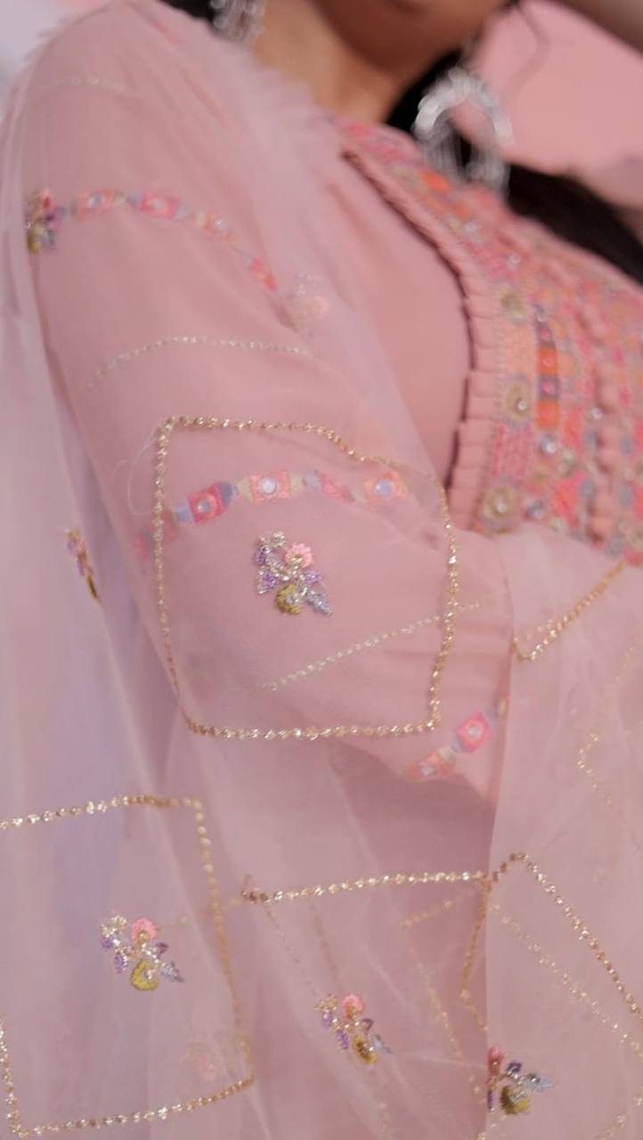 Women's Peach Faux Georgette Stitched Top with Bottom and Dupatta Full Sleeve Embroidered Straight Kurta