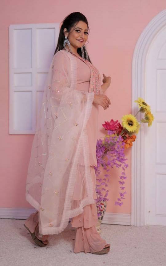 Women's Peach Faux Georgette Stitched Top with Bottom and Dupatta Full Sleeve Embroidered Straight Kurta